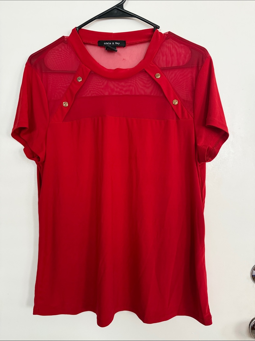Adele & Hay Red Short Sleeve Mesh Yoke Top with Gold Buttons